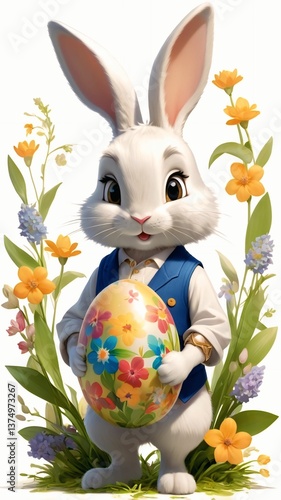 Easter theme with Easter eggs and white bunnies on a clean background, with soft shadows and delicate details.