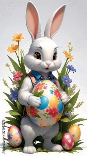 Easter theme with Easter eggs and white bunnies on a clean background, with soft shadows and delicate details.