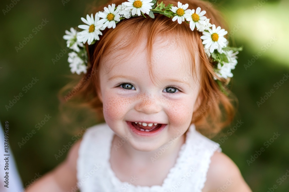 Happy vacation time layout idea. Happy caucasian toddler girl with red hair wearing white flower circlet on her head. Sunny daylight. Child’s peaceful summer happiness. Summer fun for children. Happy vacation time layout idea. Happy caucasian toddler girl with red hair wearing white flower circlet on her head. Sunny daylight. Child’s peaceful summer happiness. Summer fun for children.