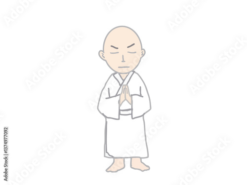 Illustration of a standing monk in a white kimono practicing with his eyes closed and hands together