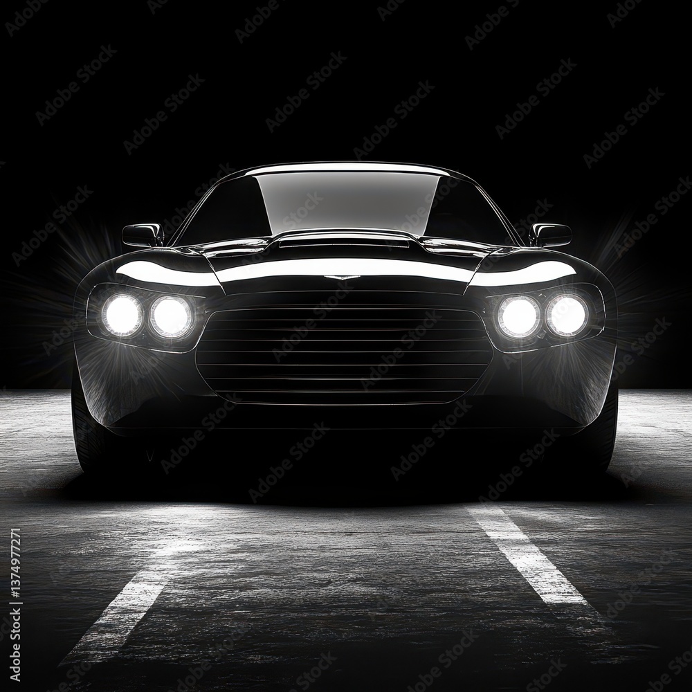 Naklejka premium A sleek black sports car with glossy curves and sharp lines is parked in a dimly lit room, casting dramatic shadows that accentuate its aerodynamic design and luxurious finish.