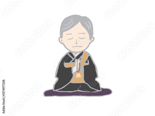 An illustration of a gray-haired monk sitting on a cushion with his eyes closed and hands together in prayer, chanting sutras