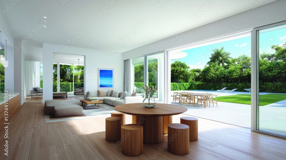 Fototapeta premium Bright and airy contemporary studio with an open layout featuring a living area and dining space, minimalist furniture, and natural decor elements.