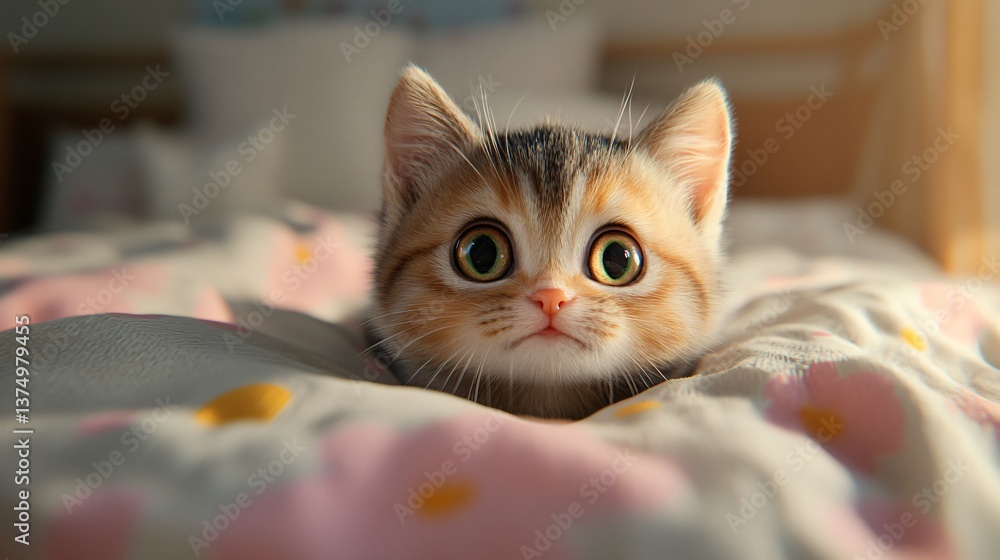 Adorable Fluffy Kitten with Big Eyes Peeking from a Pink Blanket on a Bed Adorable Fluffy Kitten with Big Eyes Peeking from a Pink Blanket on a Bed