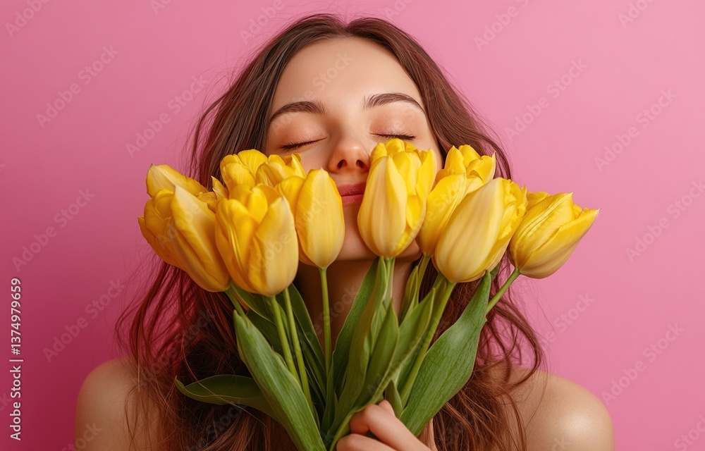 Happy lady with closed eyes sniffing bouquet of yellow tulips, enjoying aroma on pink background. Romantic gift, congratulation at women's day Happy lady with closed eyes sniffing bouquet of yellow tulips, enjoying aroma on pink background. Romantic gift, congratulation at women's day