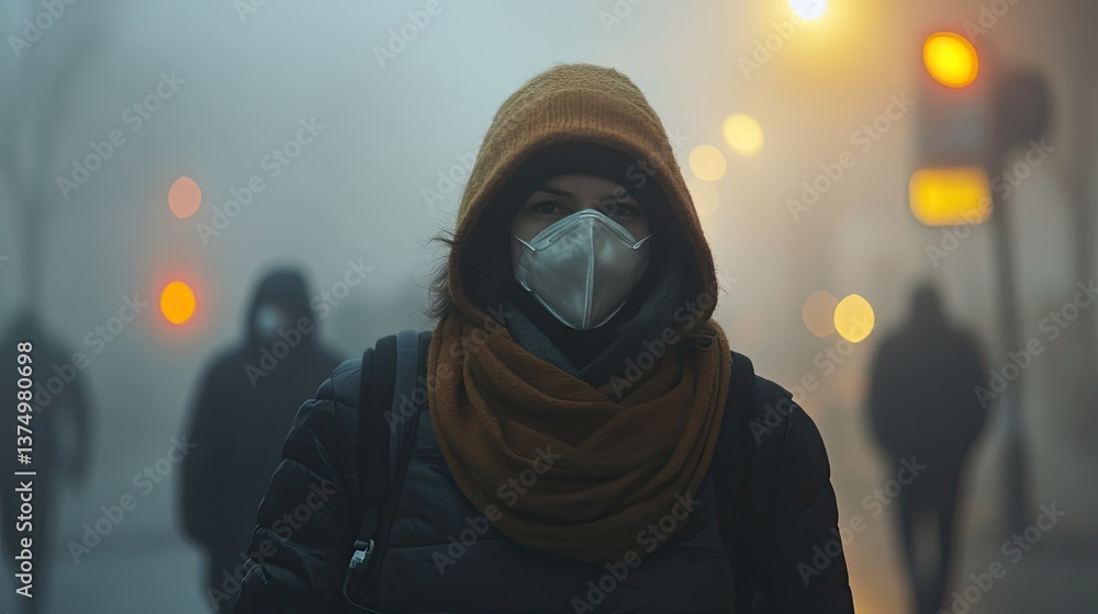 A person wearing a mask stands amidst a foggy urban landscape, symbolizing uncertainty. A person wearing a mask stands amidst a foggy urban landscape, symbolizing uncertainty.