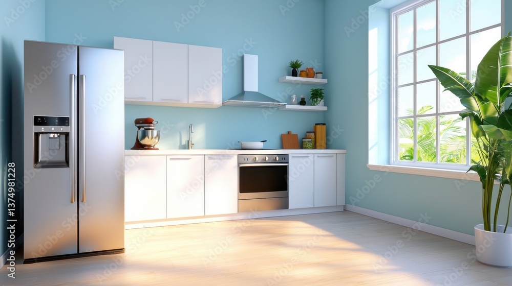 Fototapeta premium Bright and airy corner kitchen with sleek, modern cabinets, efficient layout, and clean, minimalist design