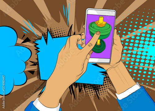 Cartoon Smartphone, comic book Telephone with Dumbbell. Retro vector comics pop art design.