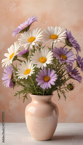 A beautiful bouquet of daisies and purple flowers in vase