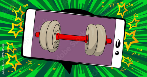 Cartoon Smartphone, comic book Telephone with Dumbbell. Retro vector comics pop art design.