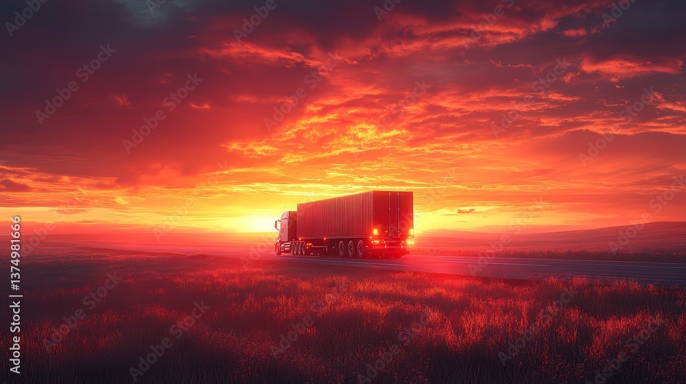 Fototapeta premium Cargo truck driving down open highway at sunrise leaving scenic landscape in background with beautiful colors