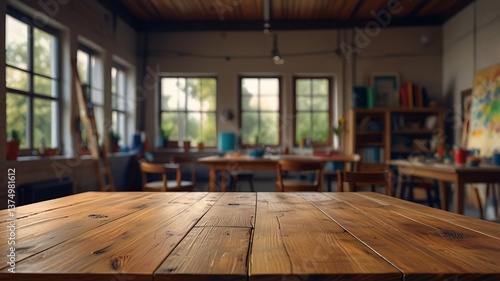 Wallpaper Mural Empty wood table top in an Art Studio with a blurred background. The focus is on the table surface. Torontodigital.ca