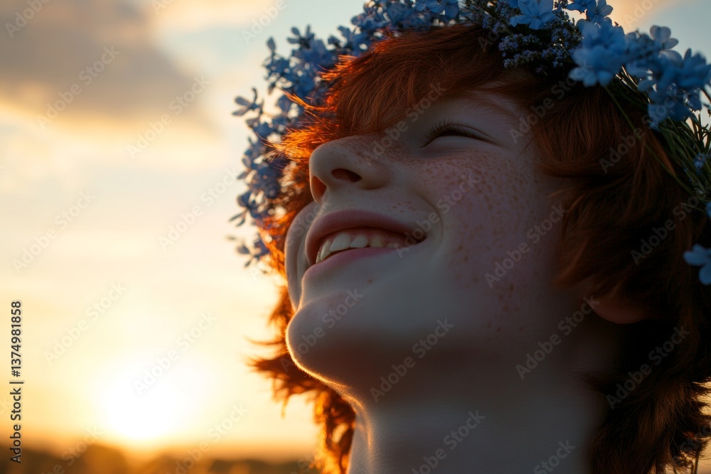 Fototapeta premium Happy summertime holidays idea. Happy caucasian teenager boy with red hair wearing blue flower crown on his head. Golden hour in sunset. Happy childhood memories in summer.