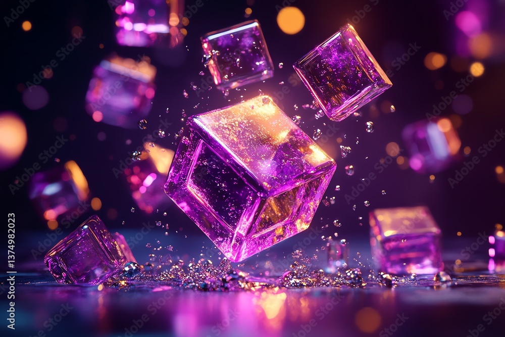 Glowing Cubes Floating with Glittering Particles in Dark Abstract Space Glowing Cubes Floating with Glittering Particles in Dark Abstract Space