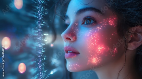 Woman with pink and blue face in an ai beauty coach experience providing personalized makeup tips through augmented reality