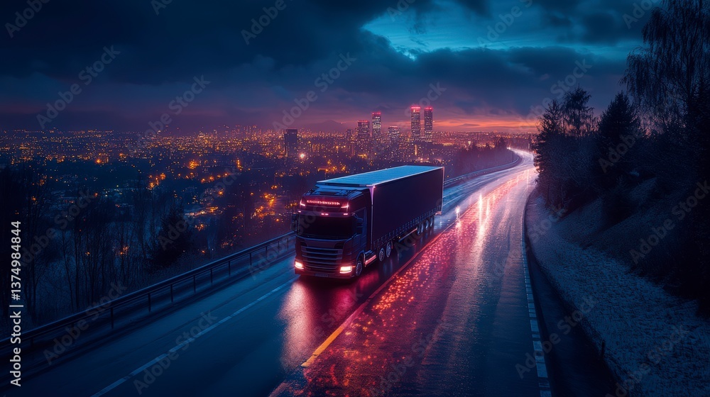 Obraz premium Truck in motion on road highlighting ai route optimization for improved global shipping and transportation efficiency