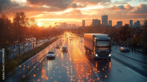 Busy city street filled with cars and trucks illustrating urban traffic dynamics and ai route optimization systems
