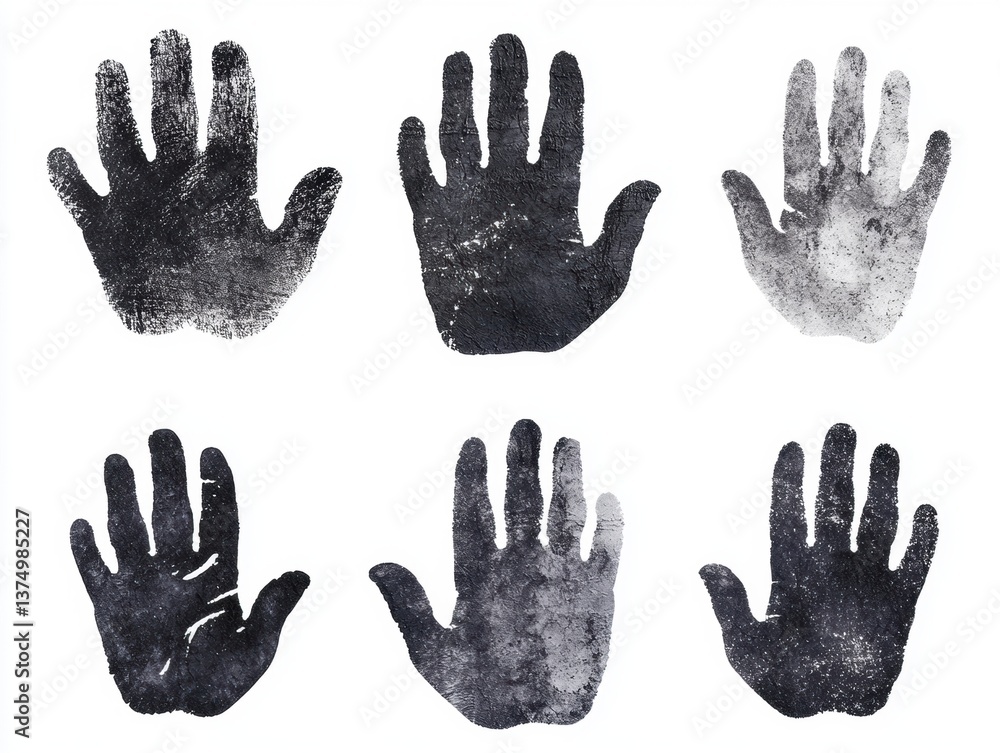 Fototapeta premium A collection of six handprints in varying shades, showcasing texture and artistic expression.