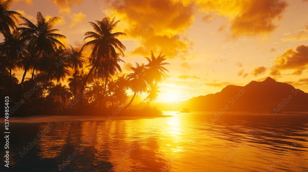Serene Tropical Sunset Over Calm Ocean with Silhouetted Palm Trees Serene Tropical Sunset Over Calm Ocean with Silhouetted Palm Trees