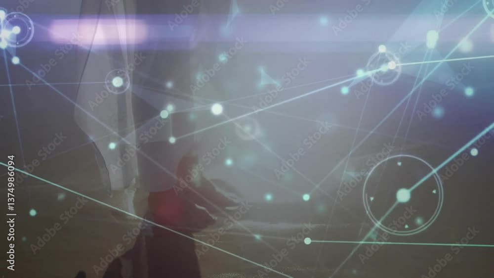 Animation of glowing network connections over abstract background in school setting Animation of glowing network connections over abstract background in school setting