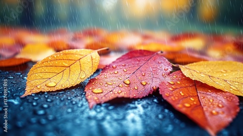 Autumn leaves, rain, fall colors, wet pavement, forest background