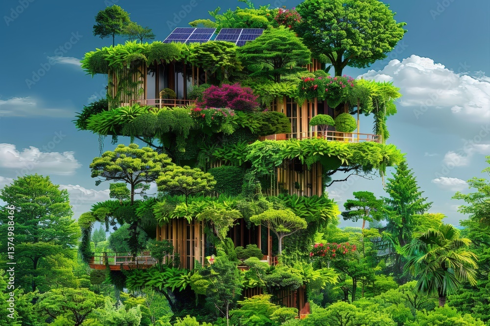 A futuristic, eco-friendly building integrated with abundant greenery and solar panels, showcasing sustainable architecture harmonizing with nature. A futuristic, eco-friendly building integrated with abundant greenery and solar panels, showcasing sustainable architecture harmonizing with nature.