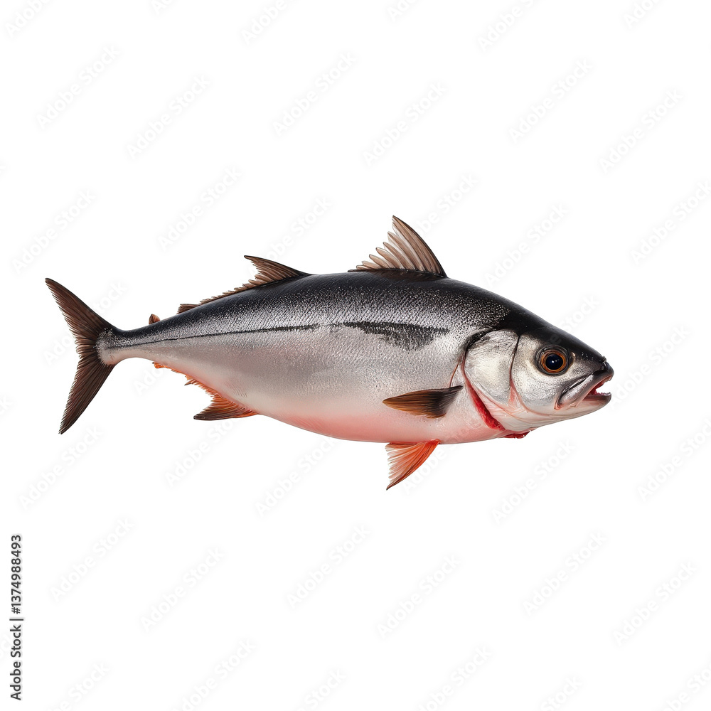 Naklejka premium A beautiful, isolated image of a silver fish with a black stripe and red fins, perfect for various design projects.