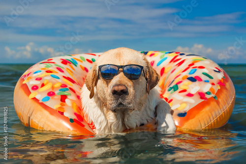 A relaxed Labrador wearing sunglasses floats on a colorful donut-shaped pool float in the ocean. A fun and carefree summer scene with bright colors and a vacation vibe