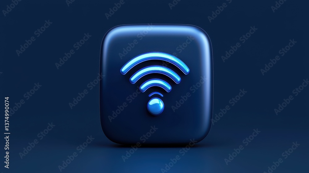 A glowing blue Wi-Fi symbol is centered on a dark, rounded square against a deep blue background. A glowing blue Wi-Fi symbol is centered on a dark, rounded square against a deep blue background.