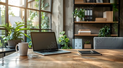 Wallpaper Mural Modern Sunlit Workspace with Laptop, Coffee, and Minimalist Decor Torontodigital.ca