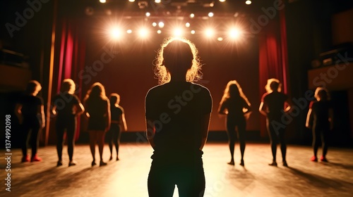 Stage rehearsal with spotlight on director facing a group of performers.
