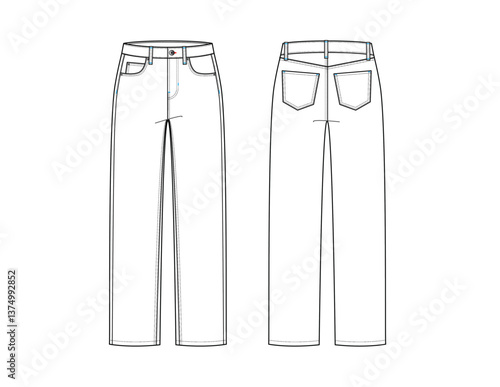 Womens Mid Rise Straight Leg Jeans Technical Flat Sketch Vector Illustrator