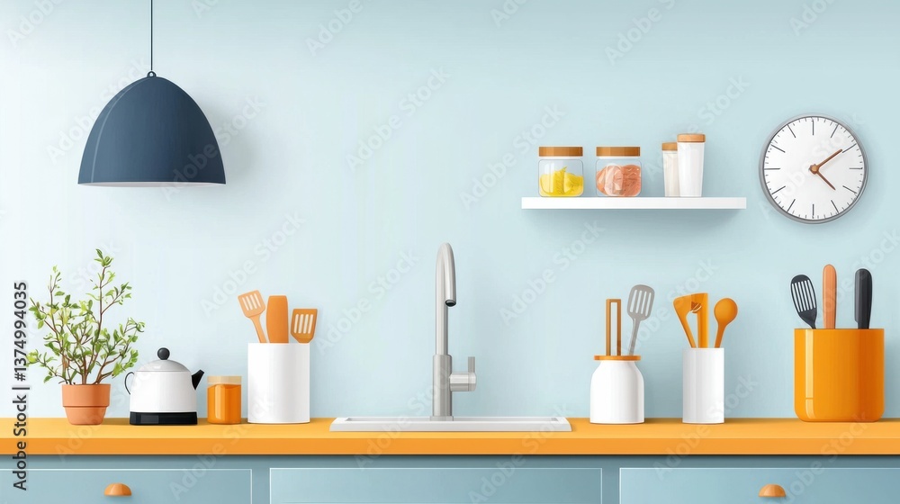 A well-designed and organized kitchen with a compact countertop and smart storage solutions, maximizing functionality and space efficiency. A well-designed and organized kitchen with a compact countertop and smart storage solutions, maximizing functionality and space efficiency.