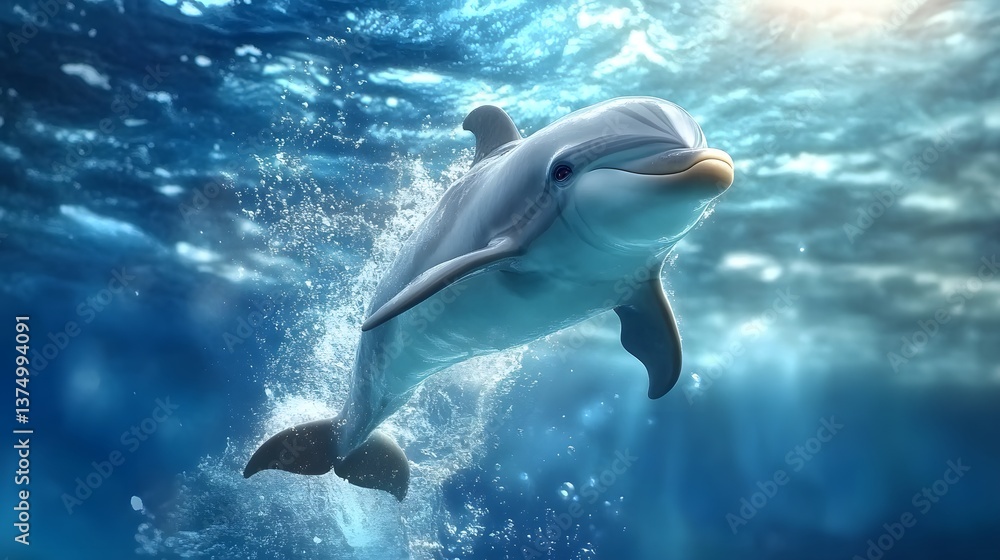 Fototapeta premium 57. A baby dolphin leaping through the ocean, bathing in the warm waters