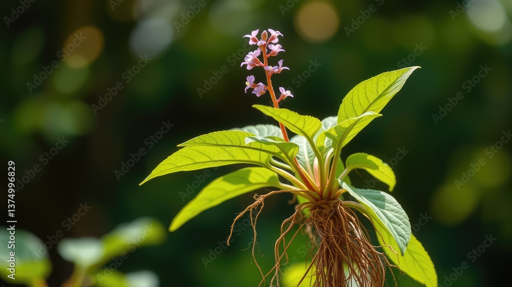 Obraz premium Sarpagandh plant, Sarpagandha – Powerful Ayurvedic Medicinal Plant with Roots and Flowers