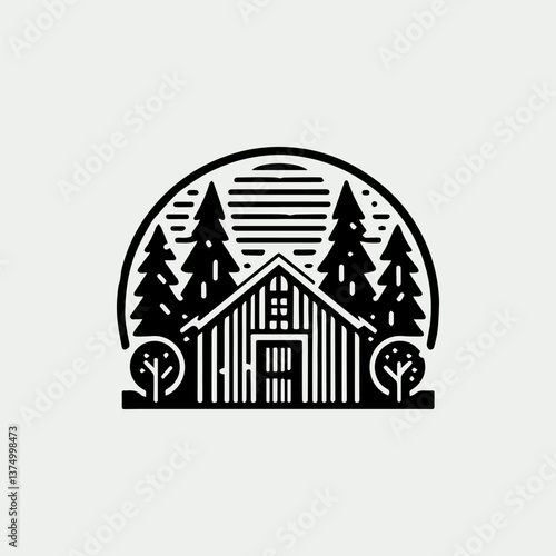 Classic vintage forest home vector logo with wooden cabin in nature 