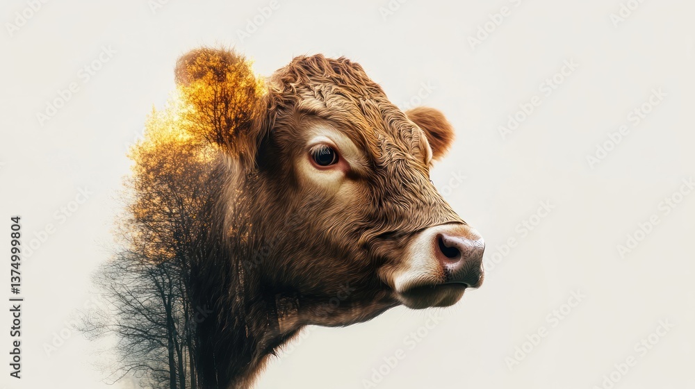 Fototapeta premium Cow and Forest Double Exposure: A Nature's Embrace