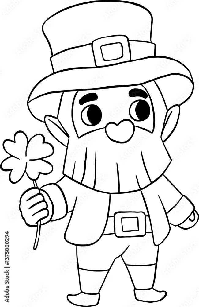 Cute leprechaun character holding a shamrock in outline style, great for coloring pages and festive fun Cute leprechaun character holding a shamrock in outline style, great for coloring pages and festive fun
