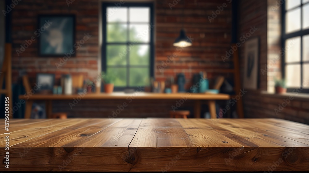 Empty wood table top in an Art Studio with a blurred background. The focus is on the table surface. Empty wood table top in an Art Studio with a blurred background. The focus is on the table surface.