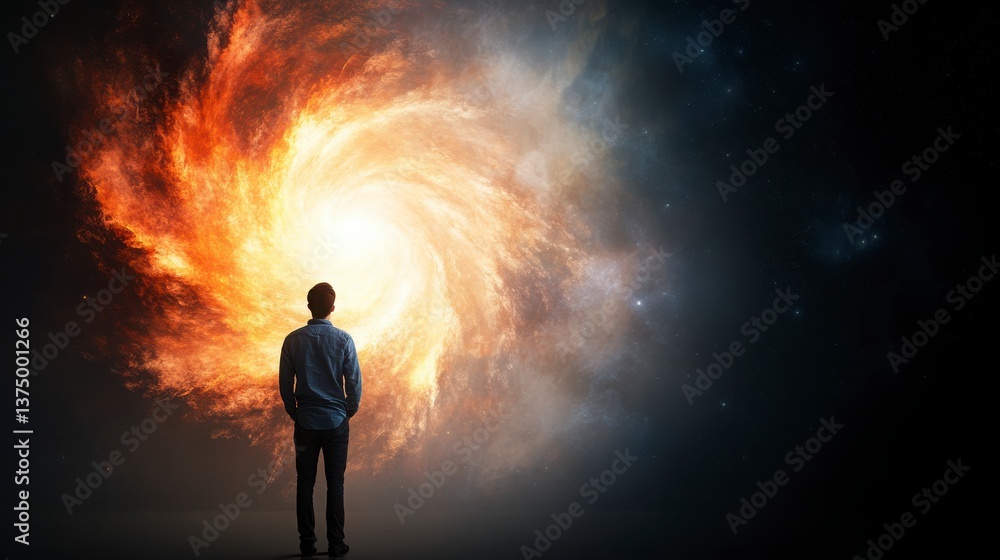 Person Looking at Vivid Galaxy Swirl in Cosmic Space Environment Person Looking at Vivid Galaxy Swirl in Cosmic Space Environment