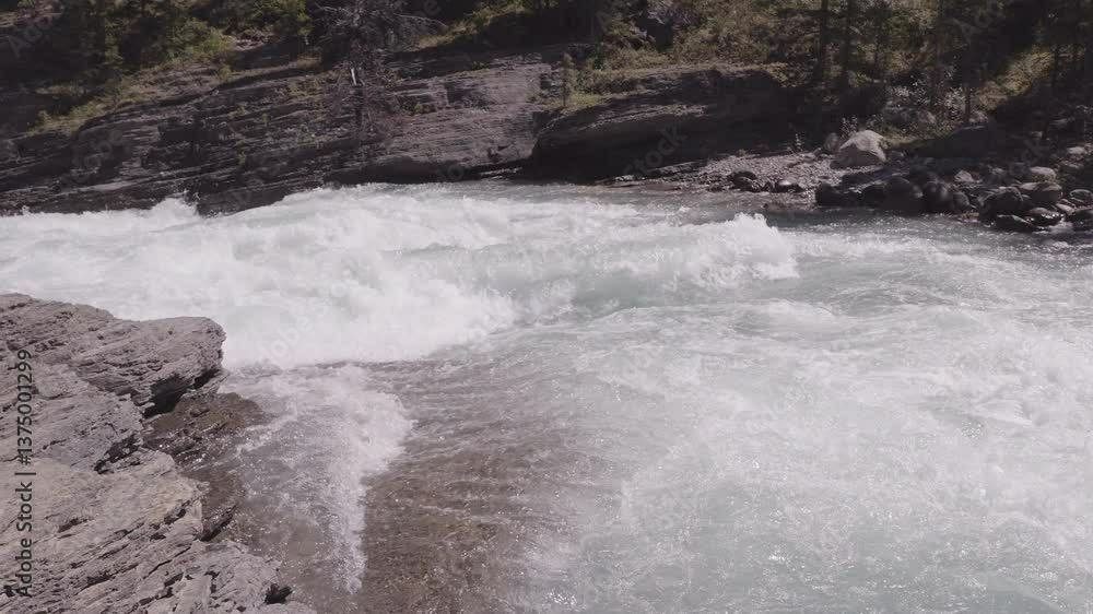 Raging river flowing through rocks and trees in Mistaya, Sunwapta, Canada Raging river flowing through rocks and trees in Mistaya, Sunwapta, Canada
