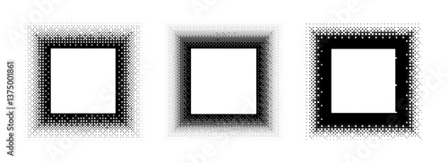 Black halftone square frame set. Dotted 8 bit gradient border collection. Pop art comic picture holder design for banner template, emblem, poster, box, copy space. Vector rasterized game element pack