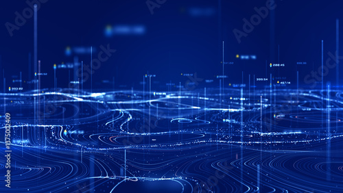 Abstract 3D digital topographic map with glowing data points and futuristic data analytics. Technology big data and geospatial concepts. Background 3D Rendering