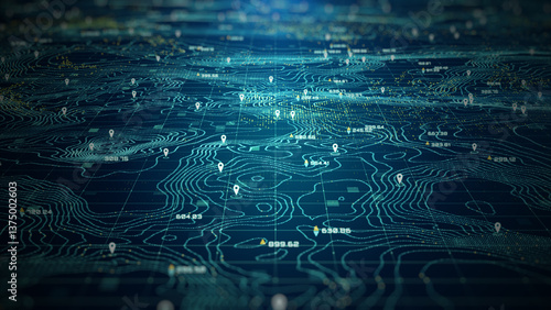 High-tech digital topographic map with glowing data points, GPS markers, and geospatial analytics. Technology big data and geospatial concepts. Future abstract background 3d Rendering