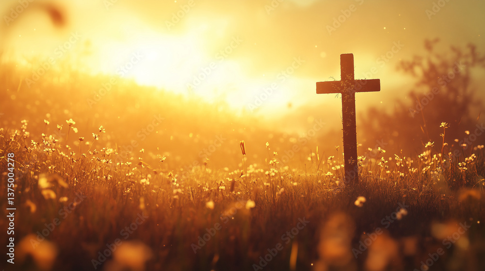 Fototapeta premium A cross stands in a meadow bathed in golden autumn sunrise light, symbolizing peace and renewal.
