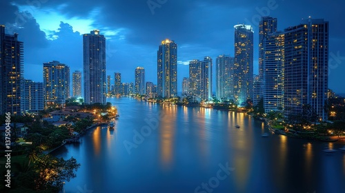 Wallpaper Mural Night cityscape, illuminated skyscrapers, tranquil waterway. Torontodigital.ca