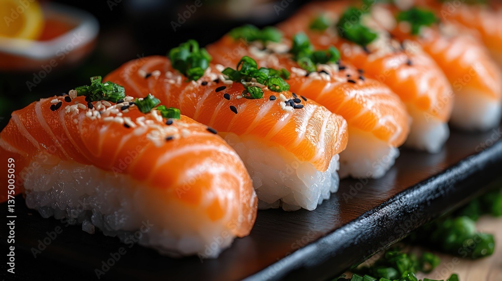 Delicious salmon sushi, sesame seeds, garnish. Delicious salmon sushi, sesame seeds, garnish.