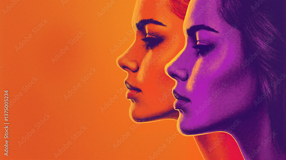 Stylish illustration for International Day for the Elimination of Violence Against Women. Features overlapping female profiles in vibrant pop art style. Modern, sophisticated design. Stylish illustration for International Day for the Elimination of Violence Against Women. Features overlapping female profiles in vibrant pop art style. Modern, sophisticated design.