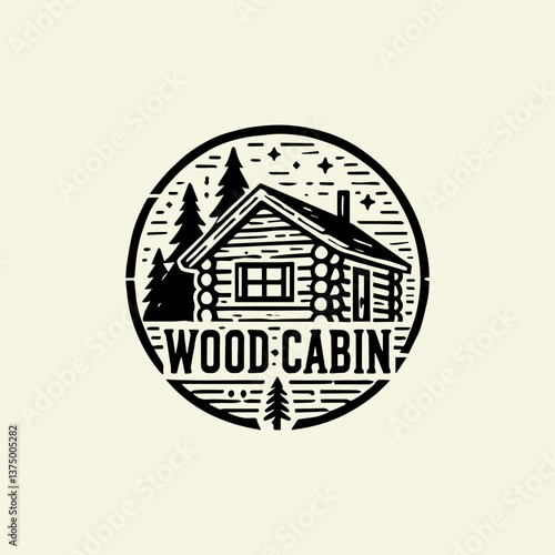 Vintage wood cabin vector logo illustration with rustic home and trees