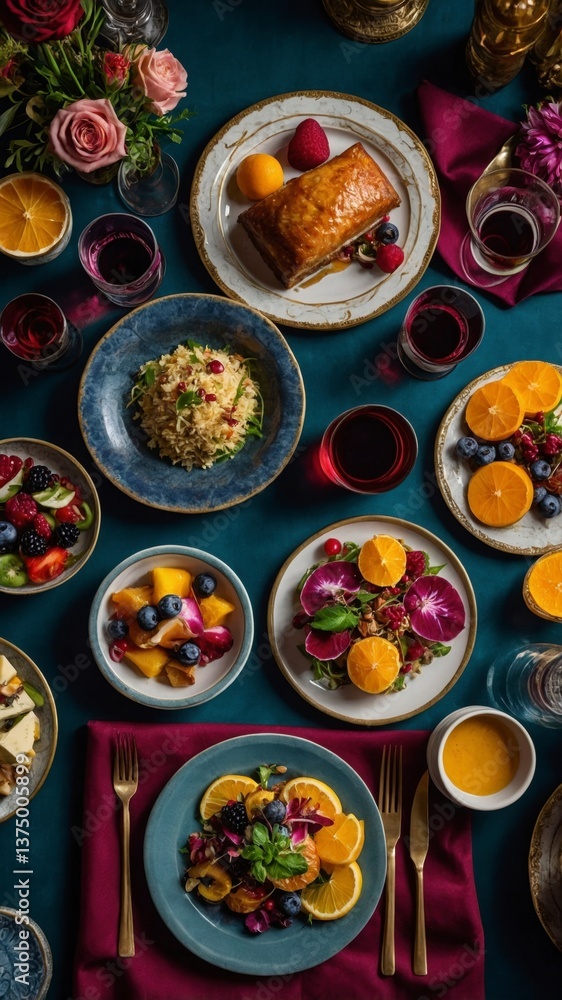 Beautifully styled table with plates of delicious food surrounded by vibrant flowers creating a captivating scene Beautifully styled table with plates of delicious food surrounded by vibrant flowers creating a captivating scene